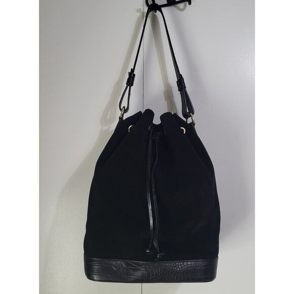 ISADORA Suede Leather Bucket Pouch Purse Shoulder Bag Black Drawstring Italy - Picture 6 of 14